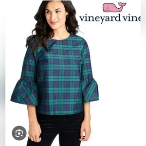 Vineyard Vines Women's Green and Blue Plaid Blouse, With Ruffle Sleeves, Size 0.